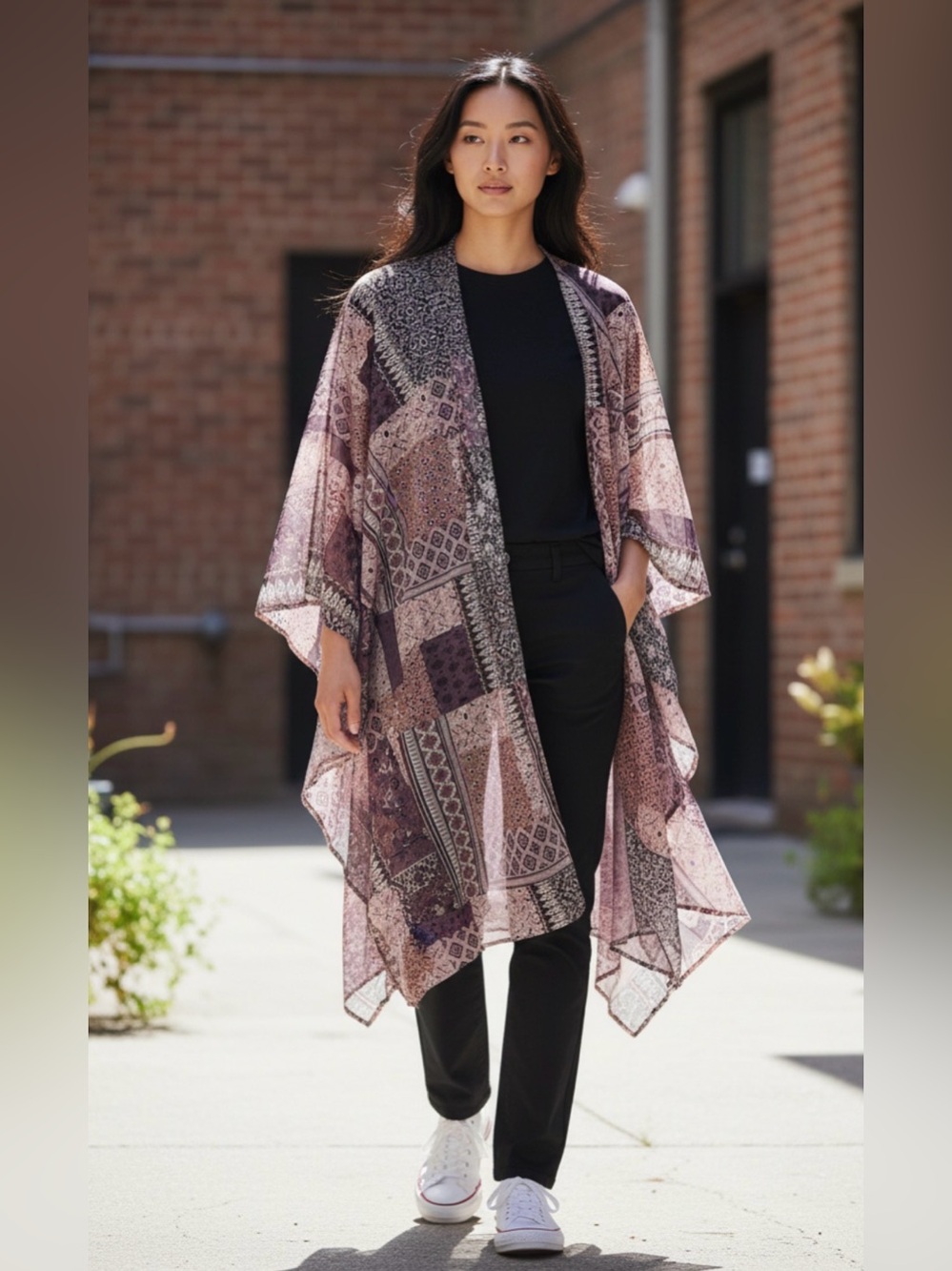 Sheer Floral Patchwork One Size Open Front Kimono Topper Boho‎ Festival Hippie